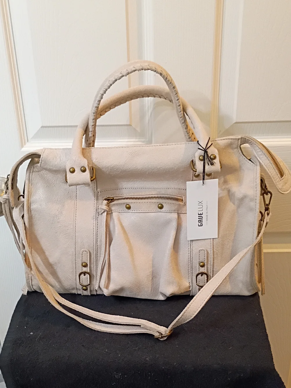 Neutral Leather Satchel with Detachable Strap by